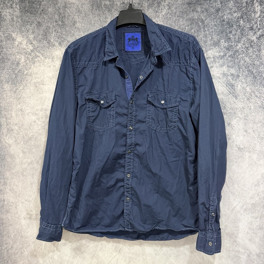 Express Men's L Navy Blue Western Pearl Snap Shirt Long Sleeve Athletic